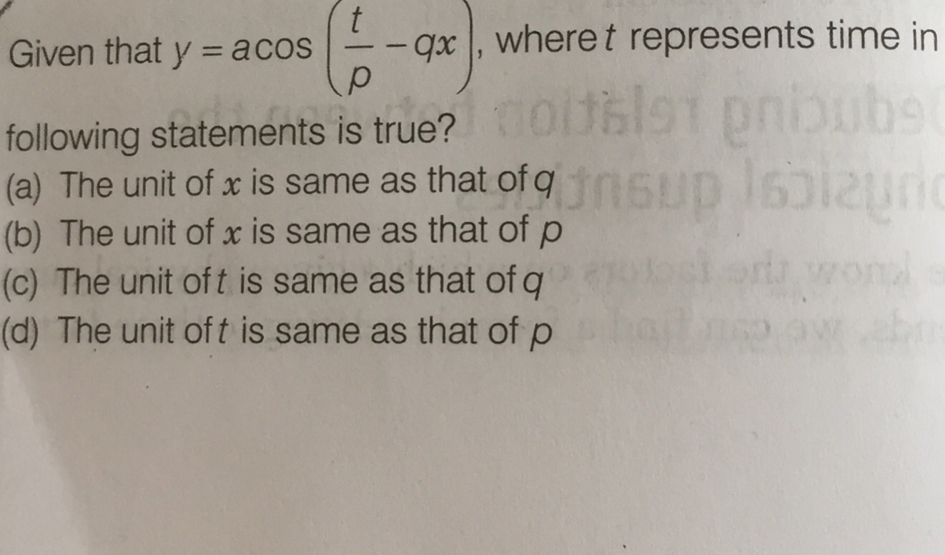 Question image for Given that y= a cos (t/p -qx) , where t represent